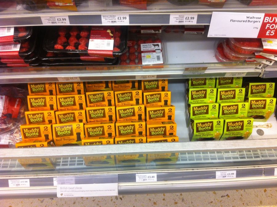 Muddy Boots burgers on a Waitrose shelf